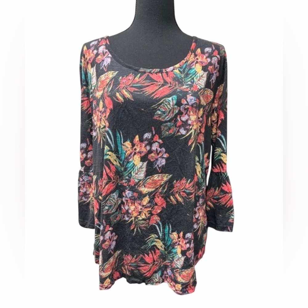 Tribal Black Floral Print Bell Sleeve Tunic Top Plus Size TG/XL